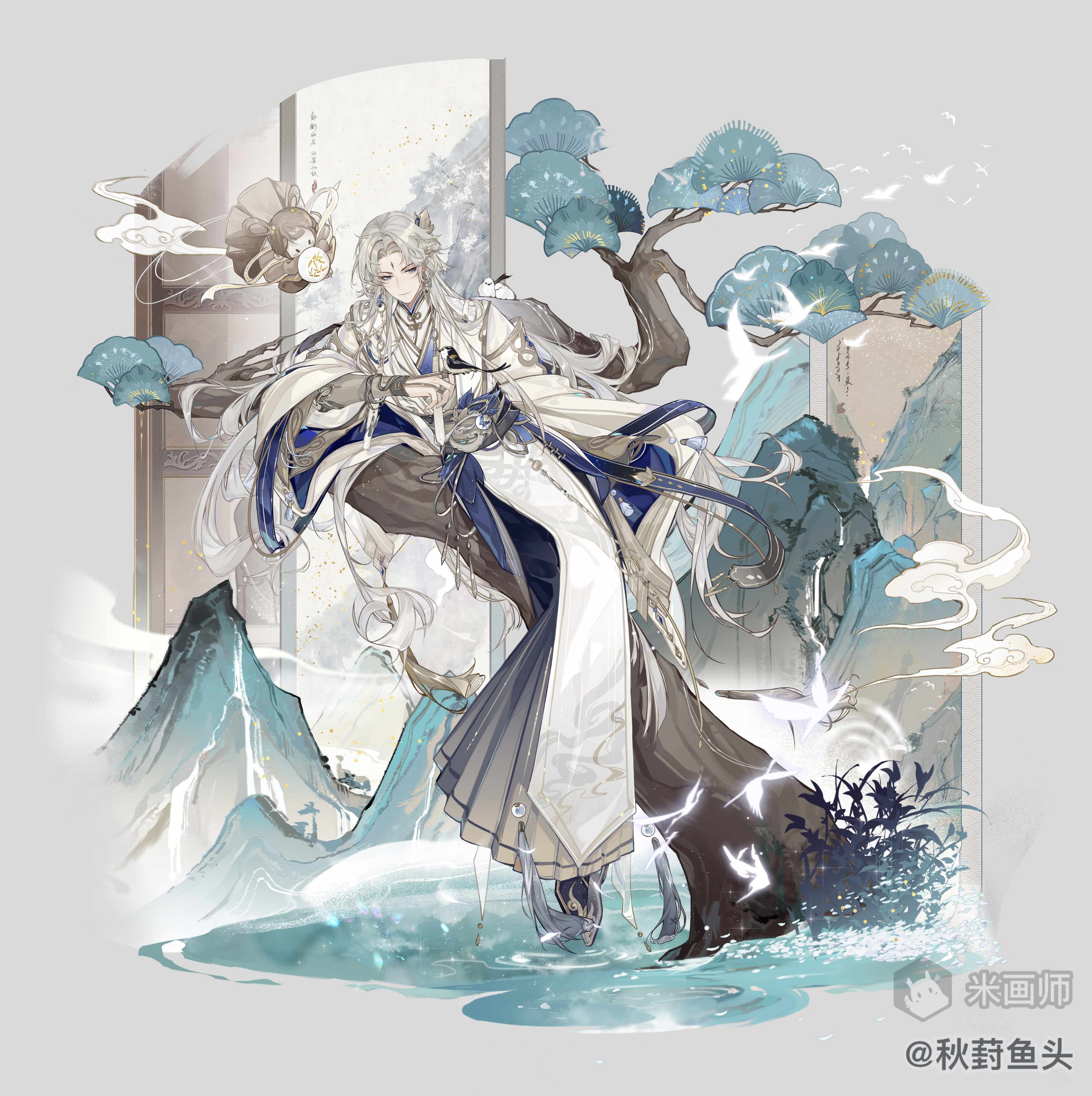 hua yi shanxin zhiyue, absurdres, highres, official art, 1boy, bird, bird on hand, black robe, black shoes, blue eyes, blue feathers, blue sash, blunt ends, chinese clothes, closed mouth, crane (animal), curtained hair, earrings, facial mark, feathers, forehead mark, full body, gold earrings, grey background, grey sash, hair flowing over, hair ornament, hand chains, hanfu, hanging scroll, in tree, jewelry, leaf hair ornament, light smile, ling xi, long hair, long sleeves, male focus, mihuashi username, mountain, multiple rings, parted bangs, pine tree, plant, puppet, qiu feng yu tou, ribbon earrings, ring, ripples, robe, sash, scroll, shoes, simple background, sitting, sitting in tree, smoke, solo, tassel, tit (bird), tree, very long hair, waist sash, water, white hair, white hanfu, white robe, wide sleeves