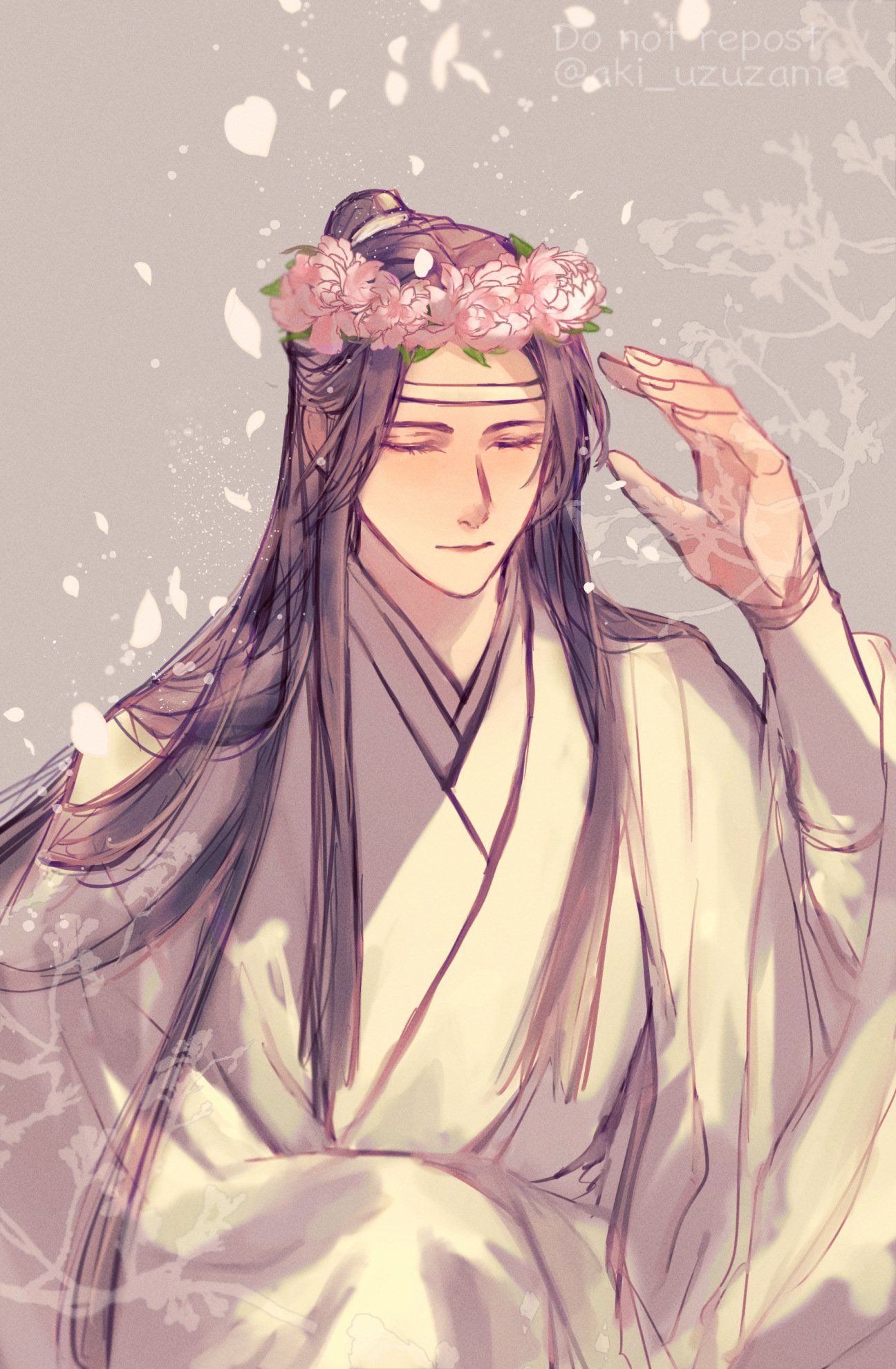 lan wangji, modao zushi, commentary request, highres, 1boy, aki uzuzame, bishounen, black hair, chinese clothes, closed eyes, closed mouth, falling petals, flower, grey background, hand up, hanfu, head wreath, headband, long hair, long sleeves, male focus, petals, pink flower, robe, smile, solo, topknot, twitter username, upper body, very long hair, white hanfu, white headband, wide sleeves
