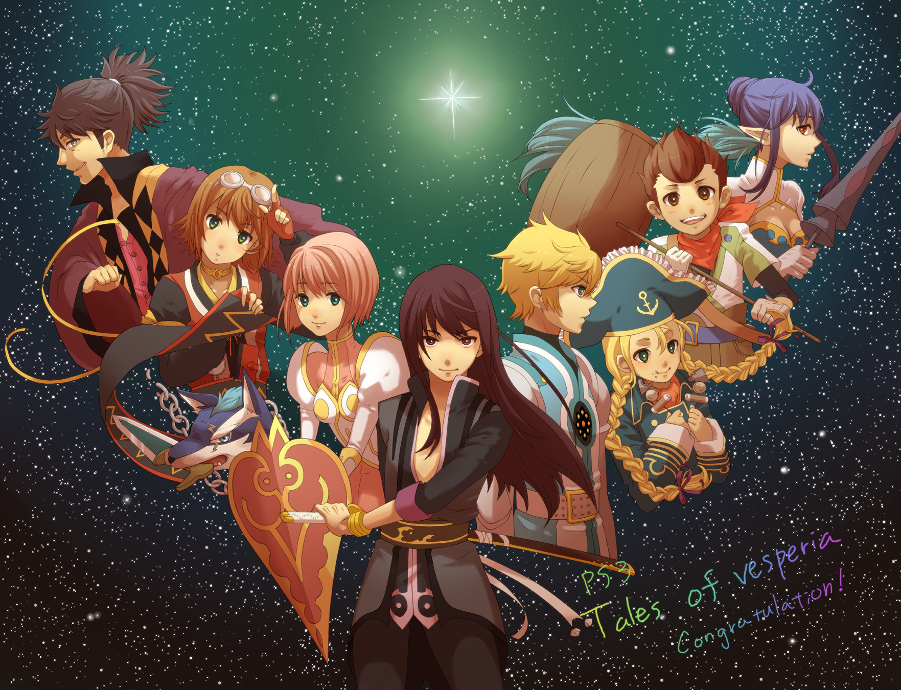 tim (tim411), estellise sidos heurassein, flynn scifo, judith (tales), karol capel, patty fleur, raven (tales), repede (tales), rita mordio, yuri lowell, tales of (series), tales of vesperia, highres, 00s, 4boys, 4girls, armor, black hair, blonde hair, blue eyes, blue hair, braid, brown eyes, brown hair, choker, copyright name, dog, gloves, goggles, green eyes, grin, hammer, hat, lance, multiple boys, multiple girls, pink hair, pointy ears, polearm, ponytail, purple eyes, scarf, shield, short hair, smile, spear, sword, twin braids, weapon