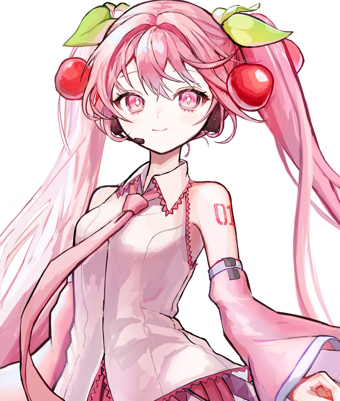 pipi (pipinavigation), hatsune miku, sakura miku, vocaloid, commentary request, highres, 1girl, arm tattoo, bare shoulders, breasts, cherry hair ornament, closed mouth, collared shirt, detached sleeves, food-themed hair ornament, hair between eyes, hair ornament, headphones, headset, long hair, long sleeves, looking at viewer, medium breasts, necktie, number tattoo, pink eyes, pink hair, pink necktie, pink skirt, pink sleeves, pleated skirt, shirt, simple background, skirt, sleeveless, sleeveless shirt, smile, solo, tattoo, twintails, very long hair, white background, white shirt, white trim, wide sleeves