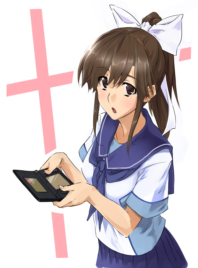 aeutoaki, takane manaka, love plus, bad id, bad pixiv id, 1girl, brown eyes, brown hair, female focus, handheld game console, nintendo ds, ponytail, school uniform, serafuku, simple background, solo