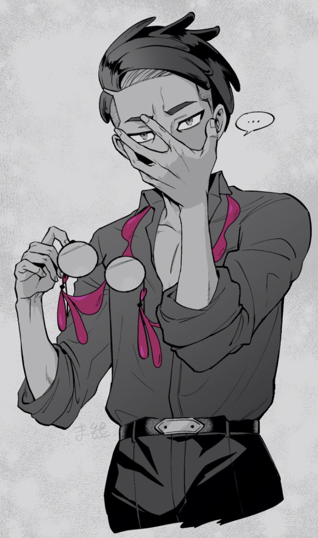 corbeau (pokemon), nintendo, pokemon, pokemon legends: arceus, commentary request, …, 1boy, belt, belt buckle, buckle, collared shirt, cropped legs, grey background, hand on own face, holding, holding removed eyewear, looking at viewer, maku maas, male focus, open collar, pants, parted hair, shirt, shirt tucked in, short hair, simple background, sleeve cuffs, sleeves rolled up, solo, speech bubble, spoken ellipsis, spot color, tassel, unworn eyewear