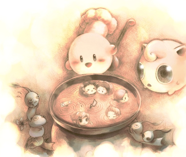 cook kirby, family computer robot, ice climbers, jigglypuff, kirby, link, lucas (mother 3), nana (ice climber), ness (mother 2), olimar, pikachu, popo (ice climber), toon link, ice climber, kirby (series), mother (series), mother 2, mother 3, nintendo, pikmin (series), pokemon, super smash bros., the legend of zelda, 1girl, 4boys, :o, blush, child, creature, food, gen 1 pokemon, hat, multiple boys, open mouth, pikmin (creature), pokemon (creature), smile, soup