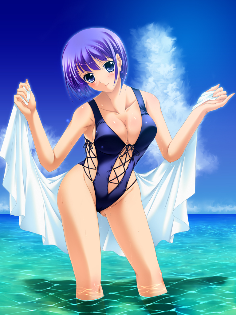 non-web source, 1girl, blue eyes, breasts, cleavage, female focus, large breasts, purple hair, sarong, short hair, slingshot swimsuit, solo, swimsuit, unworn sarong, wading, water, wet