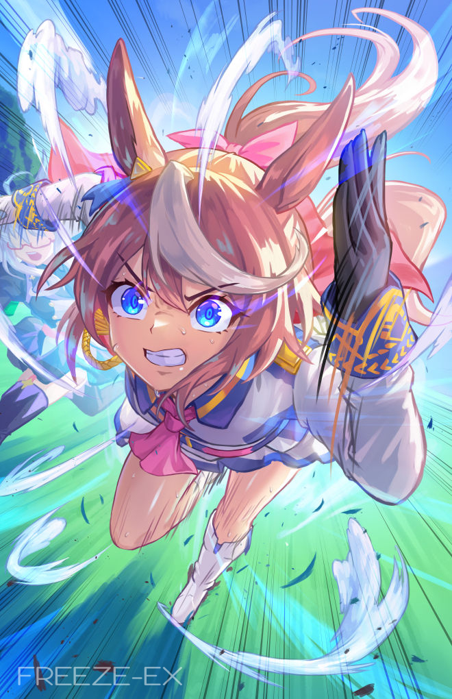 freeze-ex, biwa hayahide (pf. winning equation…) (umamusume), biwa hayahide (umamusume), tokai teio (peak joy) (umamusume), tokai teio (umamusume), umamusume, commentary request, 2girls, animal ears, ascot, asymmetrical gloves, black gloves, blue eyes, boots, bow, brown hair, buttons, clenched teeth, double-breasted, epaulettes, eye trail, glasses, gloves, grey hair, hair between eyes, high ponytail, horse ears, horse girl, horse tail, jacket, light trail, long hair, long sleeves, mismatched gloves, multicolored hair, multicolored jacket, multiple girls, open mouth, pink ascot, ponytail, purple jacket, purple skirt, red-framed eyewear, running, semi-rimless eyewear, shirt, single epaulette, skirt, streaked hair, sweat, tail, teeth, thighhighs, two-tone hair, two-tone jacket, two-tone skirt, under-rim eyewear, white boots, white gloves, white hair, white jacket, white skirt