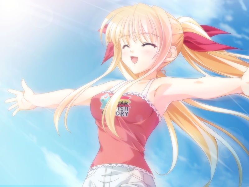 yagyuu aoi, nagisano, game cg, non-web source, 1girl, blonde hair, casual, closed eyes, female focus, hair ribbon, long hair, open mouth, outstretched arms, ribbon, sky, smile, solo, spread arms, twintails