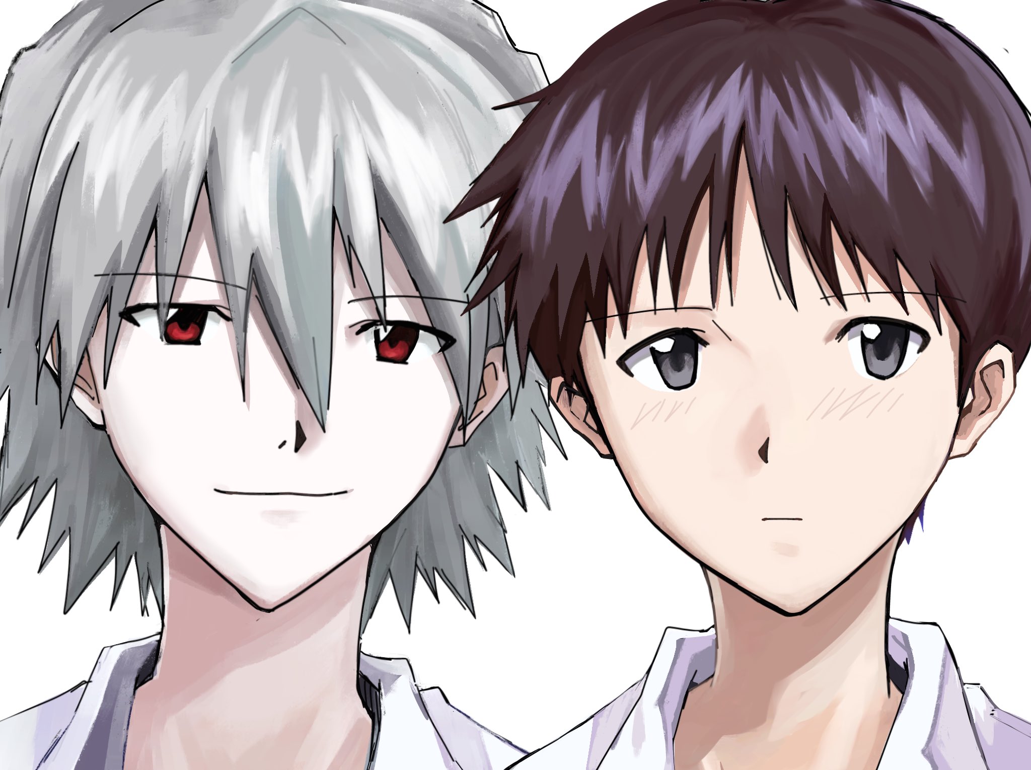 ikari shinji, nagisa kaworu, neon genesis evangelion, highres, 2boys, blush, brown hair, closed mouth, collared shirt, grey eyes, grey hair, hair between eyes, light smile, looking at viewer, male focus, multiple boys, portrait, red eyes, shirt, short hair, simple background, ume beni gin, very short hair, white background, white shirt