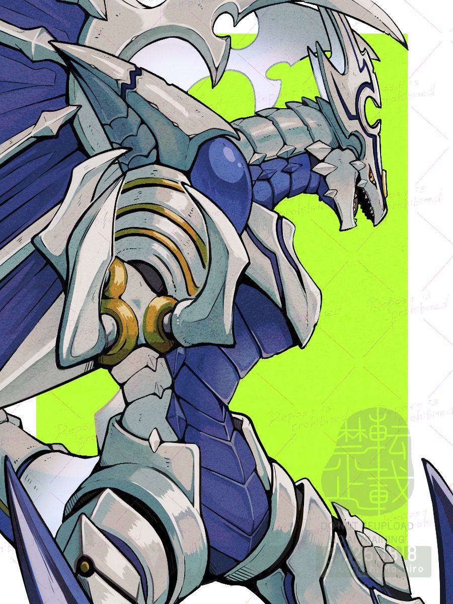 dorugoramon, digimon, commentary request, highres, border, cowboy shot, dated, digimon (creature), dragon, green background, looking at viewer, mashi6taka, profile, sharp teeth, simple background, teeth, watermark, white border, yellow eyes