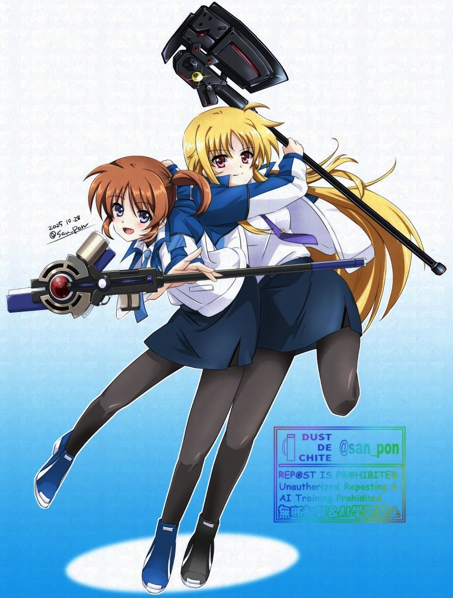 san-pon, bardiche (nanoha), fate testarossa, raising heart, takamachi nanoha, lyrical nanoha, mahou shoujo lyrical nanoha exceeds: gun blaze vengeance, adversarial noise, commentary request, highres, 2girls, axe, back-to-back, black pantyhose, blonde hair, blue necktie, blue skirt, brown hair, jacket, long hair, multiple girls, necktie, pantyhose, purple eyes, red eyes, skirt, staff, twintails, white jacket