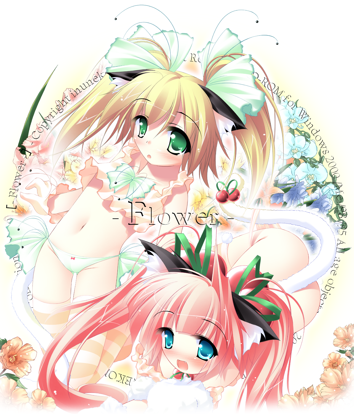 inuneko, striped legwear, highres, 2girls, animal ears, blonde hair, blue eyes, blush, crop top, fang, flat chest, flower, green eyes, hair ribbon, long hair, midriff, multiple girls, navel, open mouth, panties, pink hair, ribbon, side-tie panties, striped clothes, striped thighhighs, thighhighs, twintails, underwear