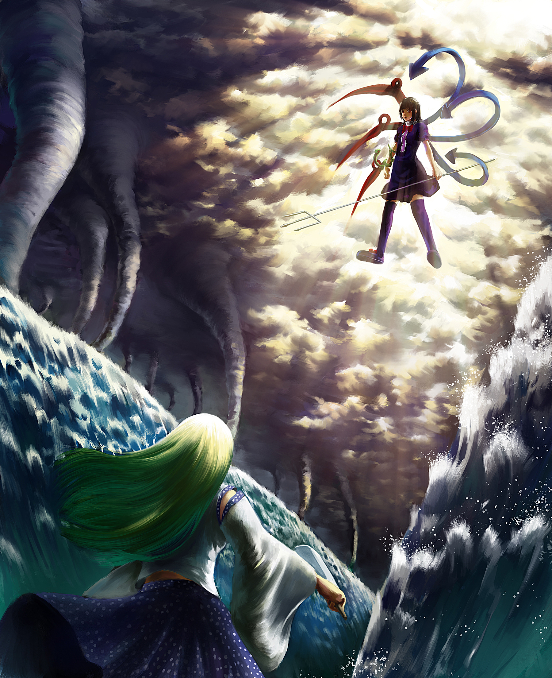 suehan, houjuu nue, kochiya sanae, touhou, highres, 2girls, battle, black hair, black thighhighs, detached sleeves, dress, epic, female focus, gohei, green hair, hydrokinesis, long hair, multiple girls, polearm, red eyes, short hair, showdown, snake, spear, thighhighs, tornado, trident, water, weapon, wings, zettai ryouiki