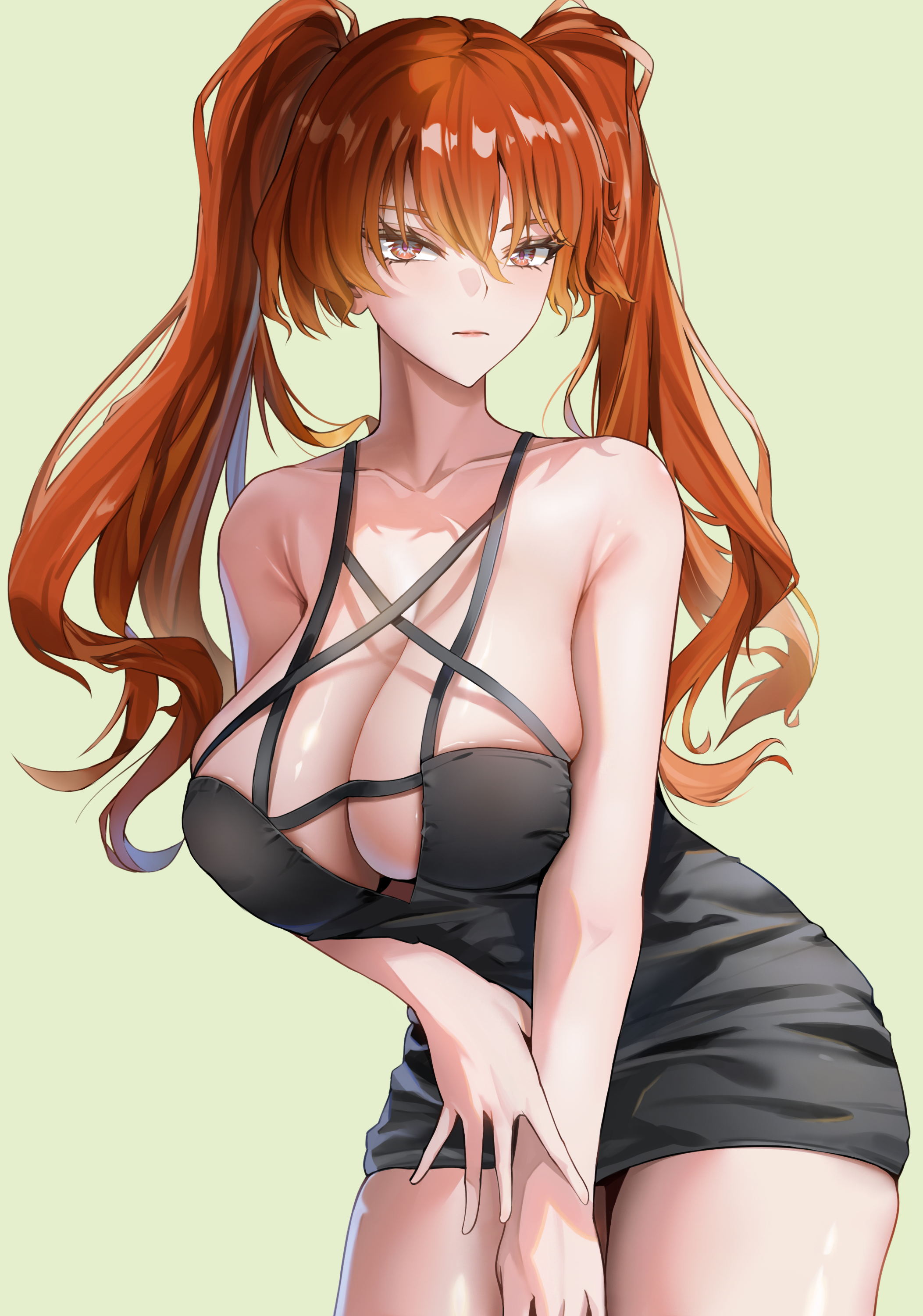 augusta (wuthering waves), wuthering waves, absurdres, commentary request, highres, 1girl, alternate hairstyle, ayres (ayresm), black dress, breasts, cleavage, closed mouth, collarbone, dress, hair between eyes, huge breasts, looking at viewer, no bra, orange hair, red eyes, revealing clothes, rubbing hands together, sideboob, simple background, skindentation, solo, spilling, symbol-shaped eyes, thighs, twintails
