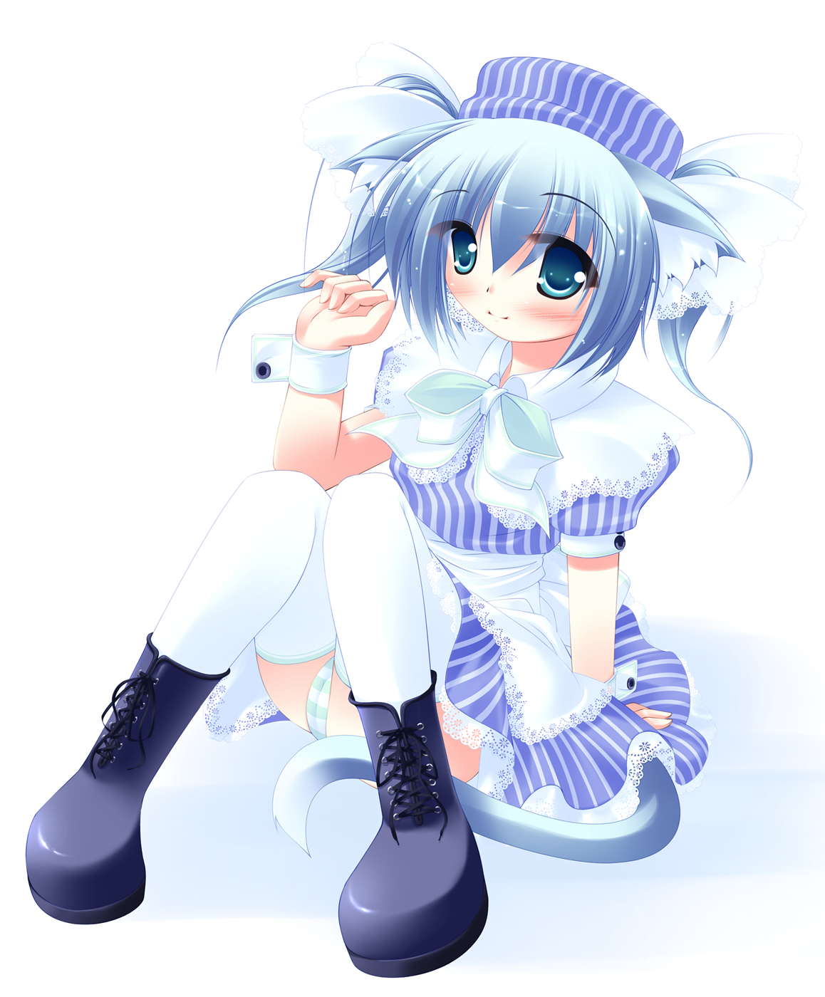 inuneko, highres, 1girl, animal ears, aqua eyes, boots, bow, cat ears, cat tail, dress, female focus, hat, panties, solo, tail, thighhighs, underwear, wrist cuffs