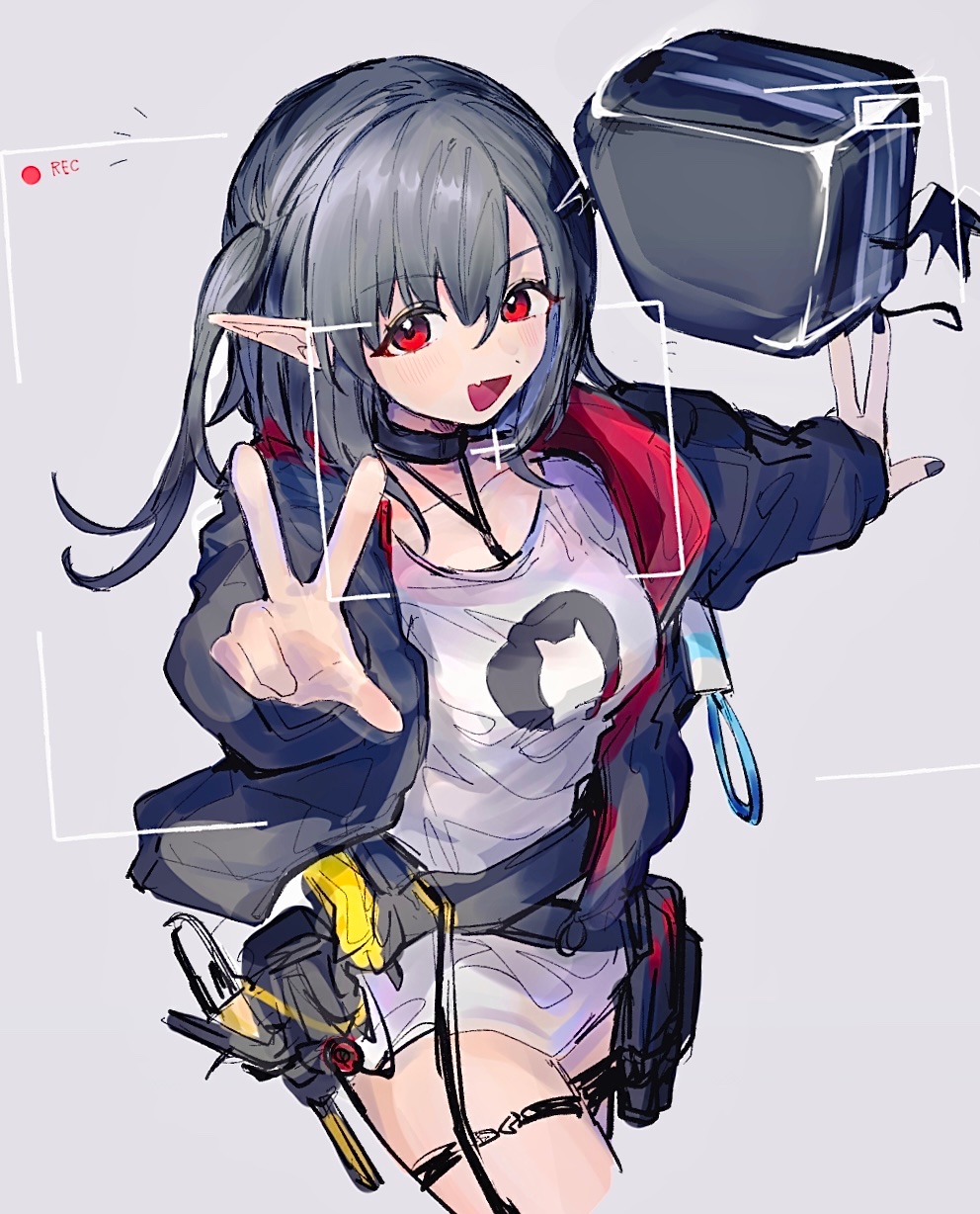 closure (arknights), arknights, commentary request, highres, 1girl, black choker, black collar, black hair, black jacket, black nails, breasts, choker, collar, collarbone, cropped legs, drone, grey background, hair between eyes, id card, jacket, lanyard, long hair, long sleeves, nugope (10daikun osi), open clothes, open jacket, open mouth, pointy ears, recording, red eyes, shirt, simple background, sketch, smile, solo, tool belt, two-sided fabric, two-sided jacket, v, viewfinder, white shirt