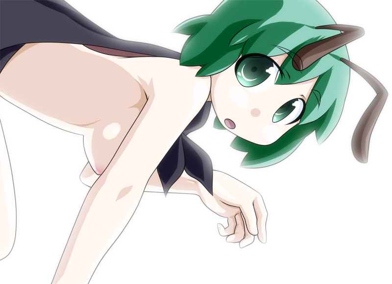 kusaba, kusaba (kusabashiki), wriggle nightbug, touhou, 1girl, antennae, breasts, cape, female focus, green eyes, green hair, matching hair/eyes, nipples, nude, short hair, solo, upper body