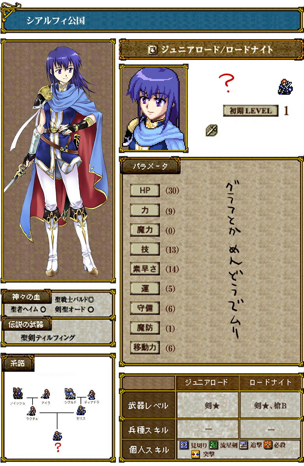 agahari, ayra (fire emblem), deirdre (fire emblem), larcei (fire emblem), naoise (fire emblem), seliph (fire emblem), sigurd (fire emblem), fire emblem, fire emblem: genealogy of the holy war, nintendo, bad id, bad pixiv id, check translation, highres, translation request, boots, bridal gauntlets, cape, fake screenshot, if they mated, purple eyes, purple hair, sword, weapon