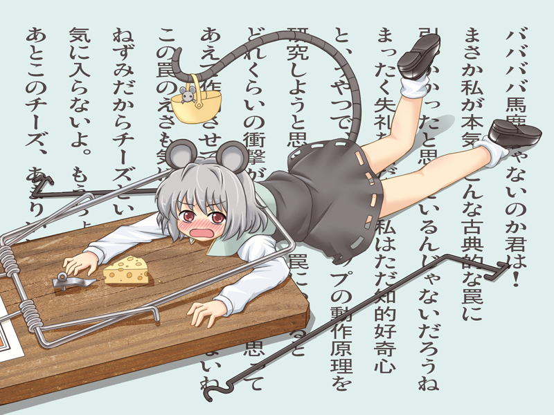 muromuro, nazrin, touhou, check translation, translated, translation request, 1girl, animal ears, basket, blush, cheese, female focus, food, full body, grey hair, legs, lying, mouse (animal), mouse ears, mouse tail, mousetrap, pinned, red eyes, shoes, short hair, socks, solo, tail, text focus, tsundere, wall of text