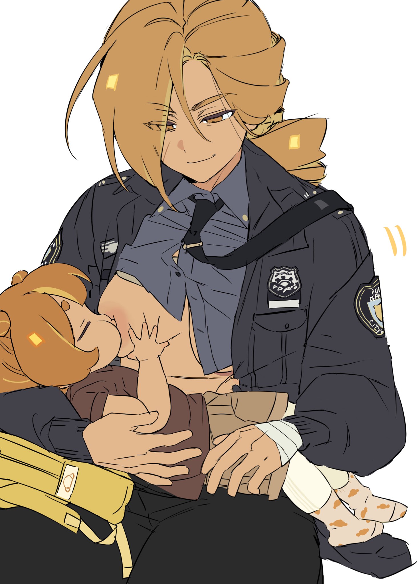 ohta guk hip, croissant cookie, croissant cookie (director of the tbd), cookie run, cookie run: ovenbreak, highres, 2girls, age difference, ankle socks, backpack, bag, bandaged hand, bandages, black jacket, black necktie, black pants, bra, bra lift, breastfeeding, breasts, brown eyes, brown hair, brown shirt, brown shorts, brown socks, buttons, carrying, carrying person, closed eyes, closed mouth, clothes lift, clothes pull, collared shirt, cowboy shot, dark-skinned female, dark skin, double bun, drill hair, drill ponytail, eyes visible through hair, facial scar, full body, grabbing another's breast, grey bra, grey shirt, groping, hair between eyes, hair bun, hair over one eye, half-closed eyes, humanization, jacket, long sleeves, looking at another, low ponytail, medium breasts, mother and daughter, motherly, multiple girls, necktie, nipples, no shoes, official alternate hair length, official alternate hairstyle, open clothes, open jacket, pants, pantyhose, pocket, police, police uniform, policewoman, ponytail, puffy long sleeves, puffy sleeves, scar, scar on cheek, scar on face, shirt, shirt pull, short hair, short sleeves, shorts, simple background, sitting, smile, socks, tie clip, underwear, white background, white pantyhose, yellow bag