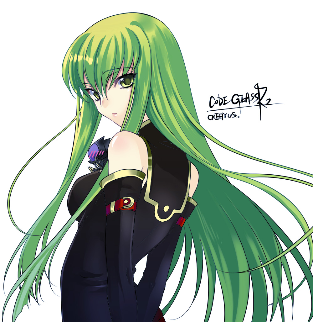 creayus, meimi k, c.c., zero (code geass), code geass, 00s, 1girl, bare shoulders, blush, chibi, detached sleeves, female focus, green hair, long hair, looking back, simple background, solo, white background, yellow eyes