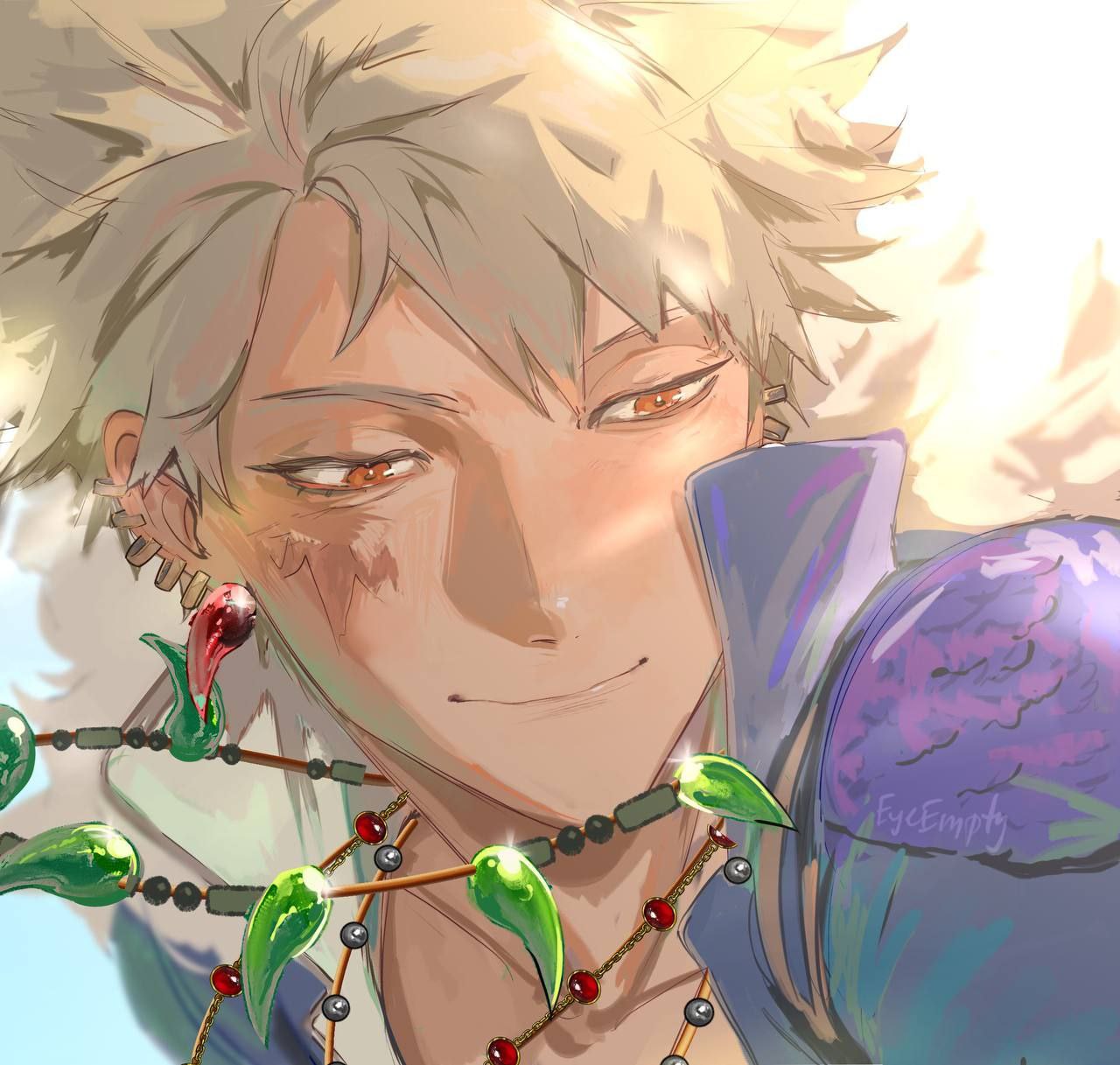 bakugou katsuki, boku no hero academia, commentary, english commentary, highres, 1boy, alternate costume, artist name, blonde hair, closed mouth, ear piercing, earrings, eyeempty, high collar, jewelry, male focus, necklace, piercing, portrait, red eyes, scar, scar on face, short hair, smile, solo, spiked hair, tooth earrings, tooth necklace