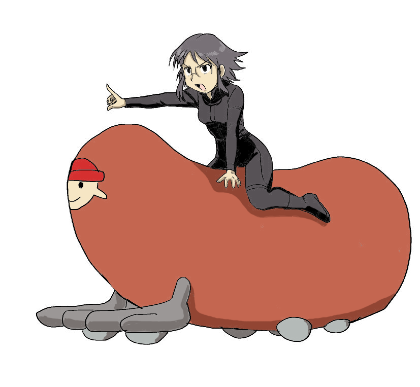 takaya n, harakawa tamako, searchmaton (dennou coil), dennou coil, 00s, 1girl, black bodysuit, bodysuit, creature, full body, glasses, jumpsuit, pointing, purple hair, riding, simple background, white background