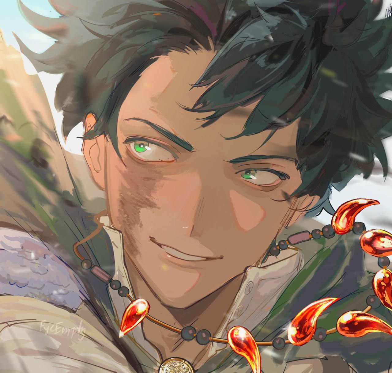 midoriya izuku, boku no hero academia, commentary, english commentary, highres, 1boy, alternate costume, eyeempty, green eyes, green hair, jewelry, looking to the side, male focus, necklace, no freckles, portrait, scar, scar on face, short hair, smile, solo, teeth, tooth necklace