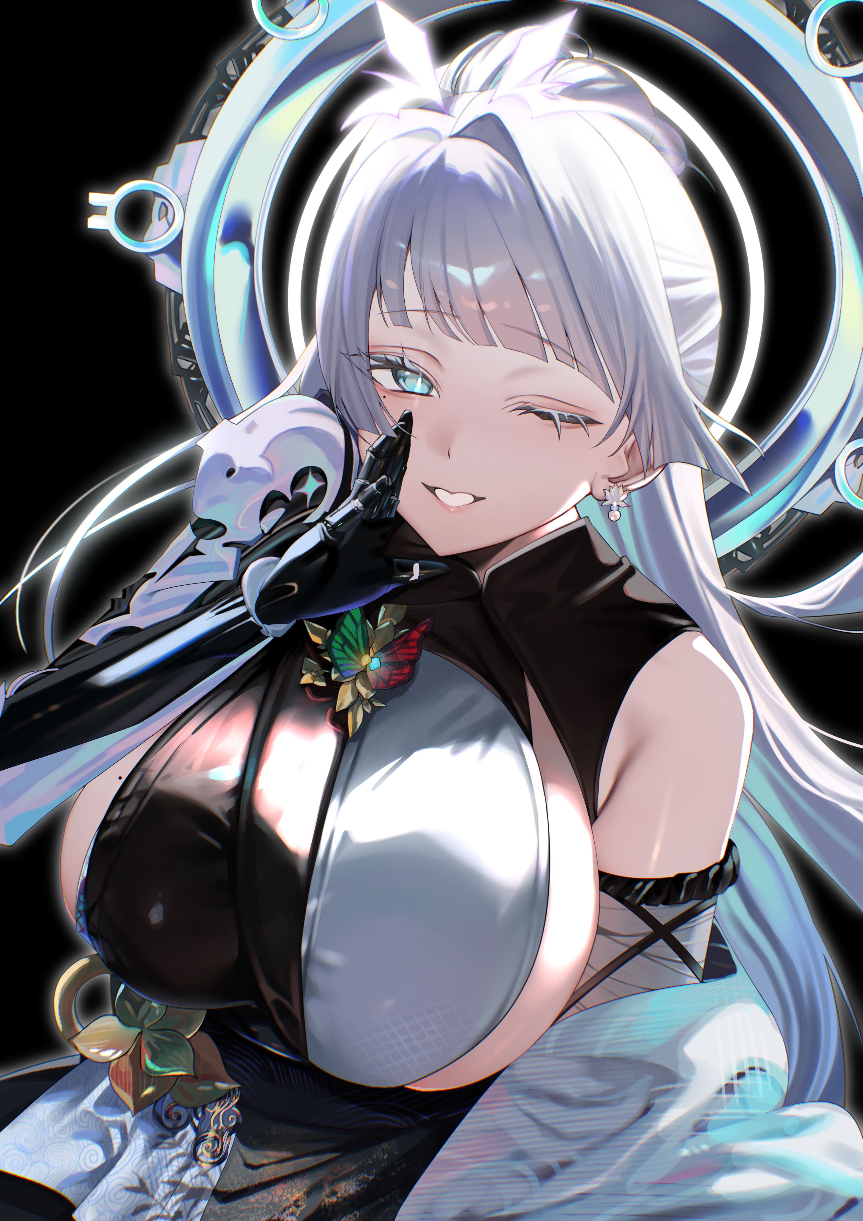 e9ua1, nayuta (nikke), goddess of victory: nikke, absurdres, commentary request, highres, 1girl, ;), blue eyes, breasts, halo, large breasts, long hair, looking at viewer, one eye closed, prosthesis, prosthetic arm, sideboob, smile, solo, two-tone kimono, upper body, very long hair, white hair