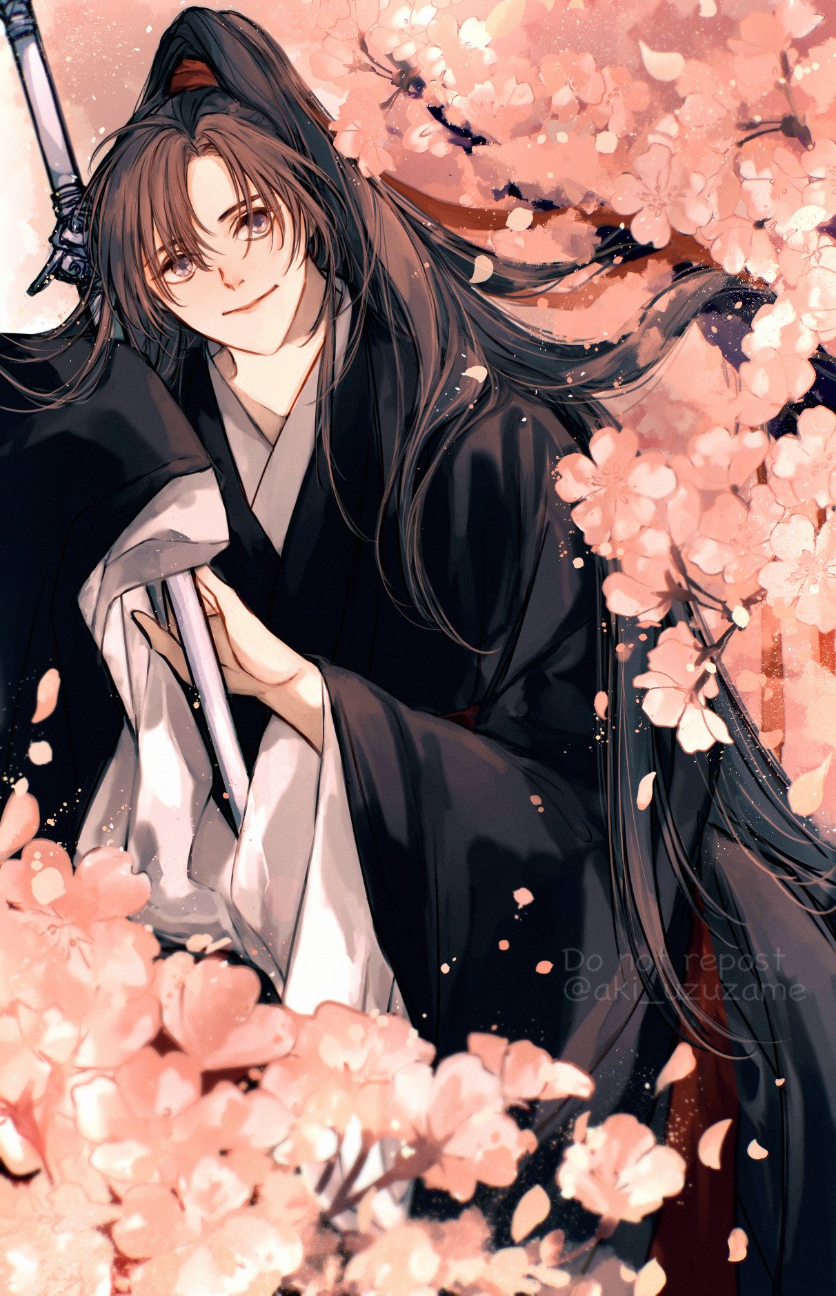 wei wuxian, modao zushi, commentary request, highres, 1boy, ahoge, aki uzuzame, bichen sword, bishounen, black hair, black hanfu, borrowed weapon, branch, brown hair, cherry blossoms, chinese clothes, closed mouth, falling petals, flower, grey eyes, hair between eyes, hair ribbon, hand up, hanfu, high ponytail, holding, holding sword, holding weapon, implied yaoi, in tree, jian (weapon), light particles, long hair, long sleeves, looking at viewer, male focus, parted bangs, petals, pink flower, pink petals, ponytail, red ribbon, ribbon, robe, sheath, sheathed, sitting, sleeves past wrists, smile, solo, sword, tree, twitter username, very long hair, watermark, weapon, wide sleeves