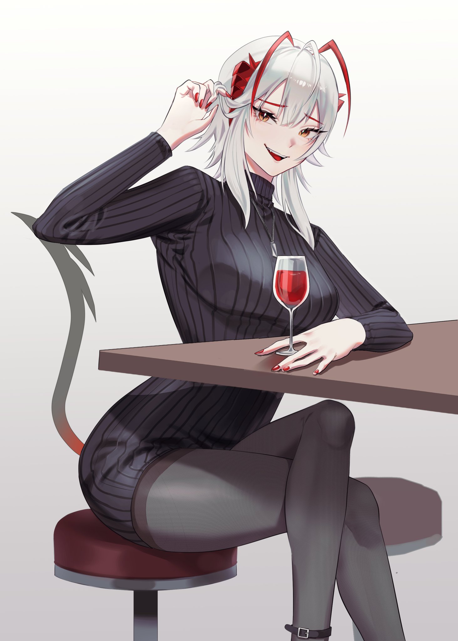 w (arknights), arknights, commentary request, highres, 1girl, adjusting hair, alternate costume, antenna hair, black sweater, breasts, cup, demon girl, demon horns, drinking glass, feet out of frame, grey hair, grey pantyhose, hand up, horns, jewelry, large breasts, looking at viewer, magnum 0000, medium hair, necklace, on stool, open mouth, orange eyes, pantyhose, red nails, sitting, smile, solo, sweater, teeth, upper teeth only, wine glass