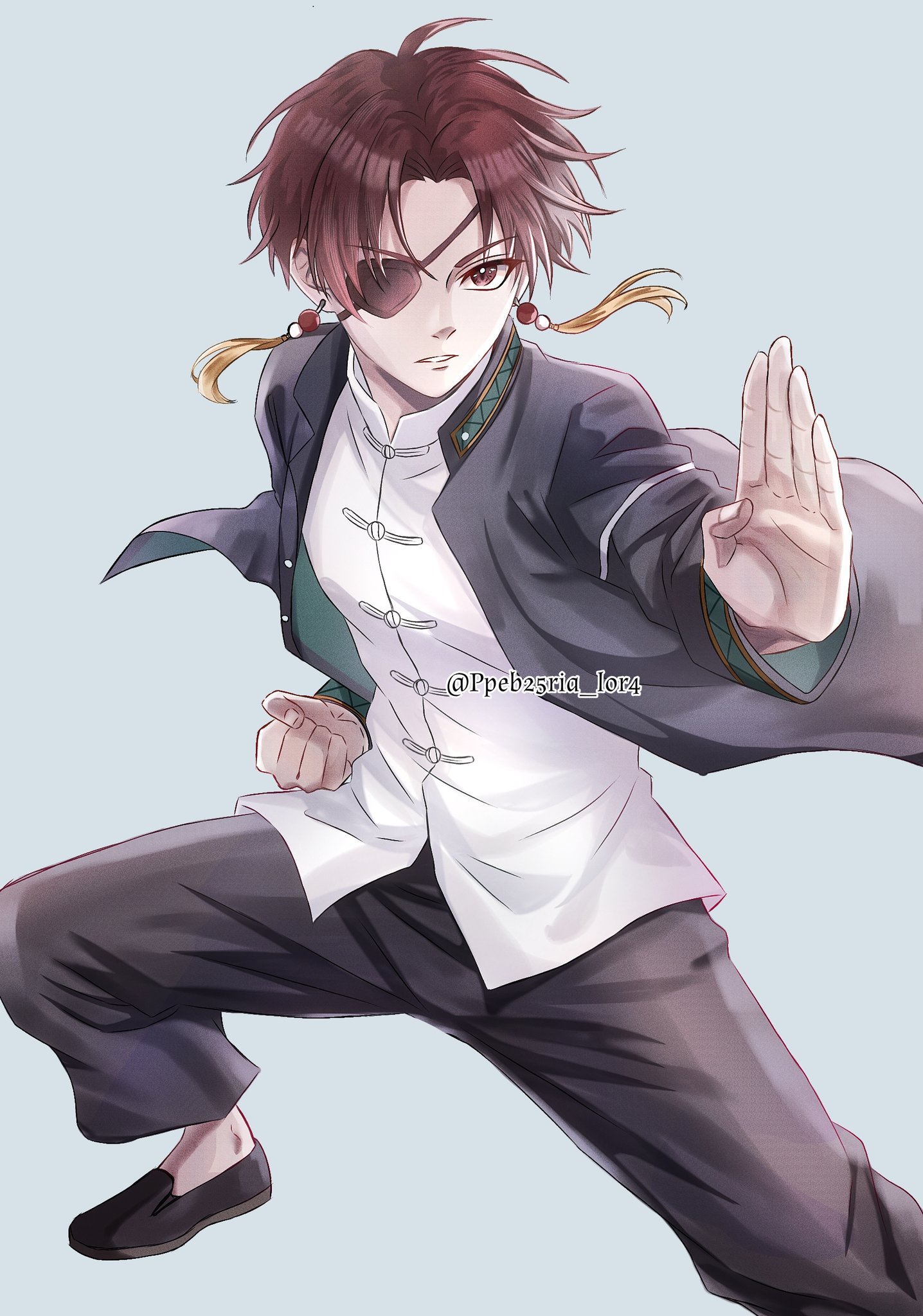 suo hayato, wind breaker (nii satoru), commentary, highres, 1boy, black pants, chinese clothes, clenched hand, earrings, eyepatch, fighting stance, furin high school uniform, grey background, jacket, jewelry, long sleeves, male focus, martial arts, open clothes, open jacket, pants, popped collar, ppeb25ria lor4, school uniform, short hair, simple background, solo, tangzhuang, tassel, tassel earrings, teeth