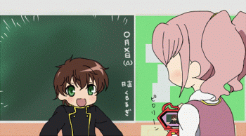 anya alstreim, kururugi suzaku, code geass, lucky star, animated, animated gif, lowres, 1boy, 1girl, blush, brown hair, chalkboard, classroom, green eyes, indoors, paffendorf, parody, pink hair, school, school uniform