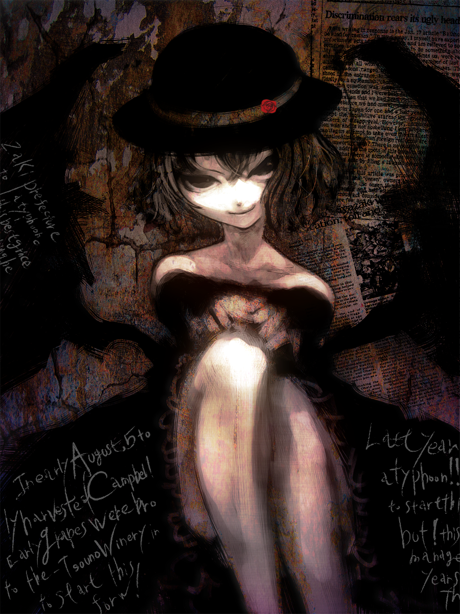 cong1991, remilia scarlet, usami renko, ghostly field club, touhou, bad id, bad pixiv id, highres, 1girl, english text, female focus, flower, hat, monochrome, rose, short hair, sitting, solo, spot color