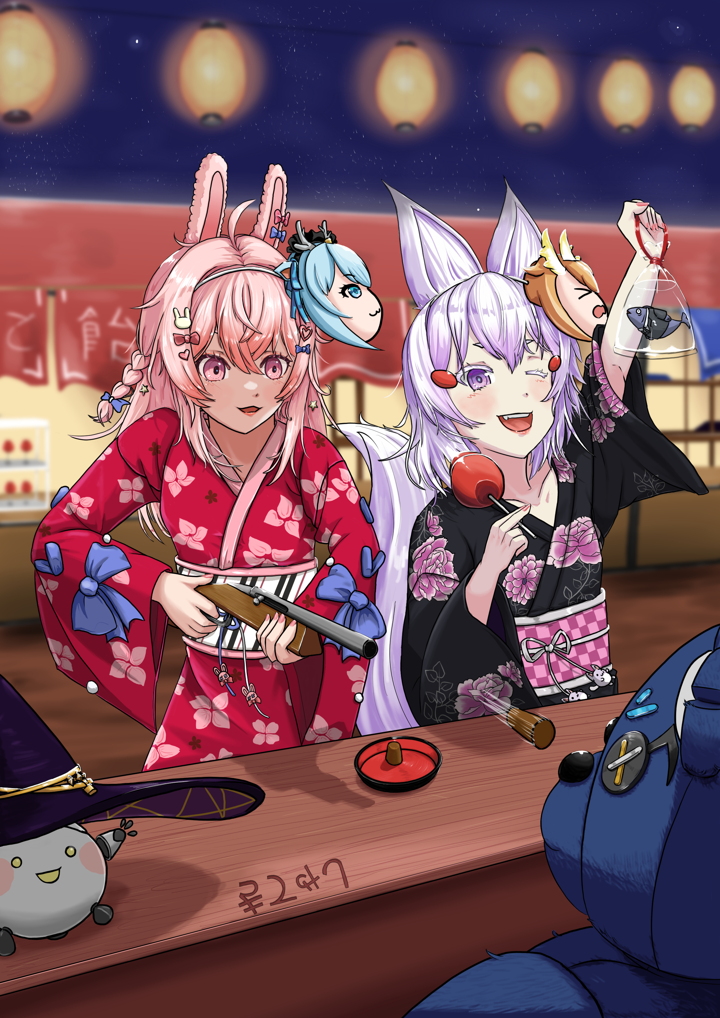 jiisokyun, fujikura uruka, h2osakana, hakushika iori, pipkin pippa, rinkou ashelia, tenma maemi, utatane nasa, phase connect, absurdres, commentary, english commentary, highres, 2girls, ;d, ahoge, animal ears, bag, black kimono, blush, bow, braid, candy apple, character mask, colored eyelashes, fish, floral print, floral print kimono, food, fox ears, fox girl, fox tail, gun, hair bow, hair ornament, hat, heart, heart hair ornament, holding, holding bag, holding food, holding gun, holding weapon, japanese clothes, kimono, lantern, mask, multiple girls, one eye closed, open mouth, phase origins, pink hair, print kimono, purple eyes, purple hair, rabbit ears, rabbit girl, rabbit hair ornament, red bow, red kimono, shisui michiru, smile, star (symbol), tail, teeth, tongue, upper teeth only, virtual youtuber, water, weapon, witch hat