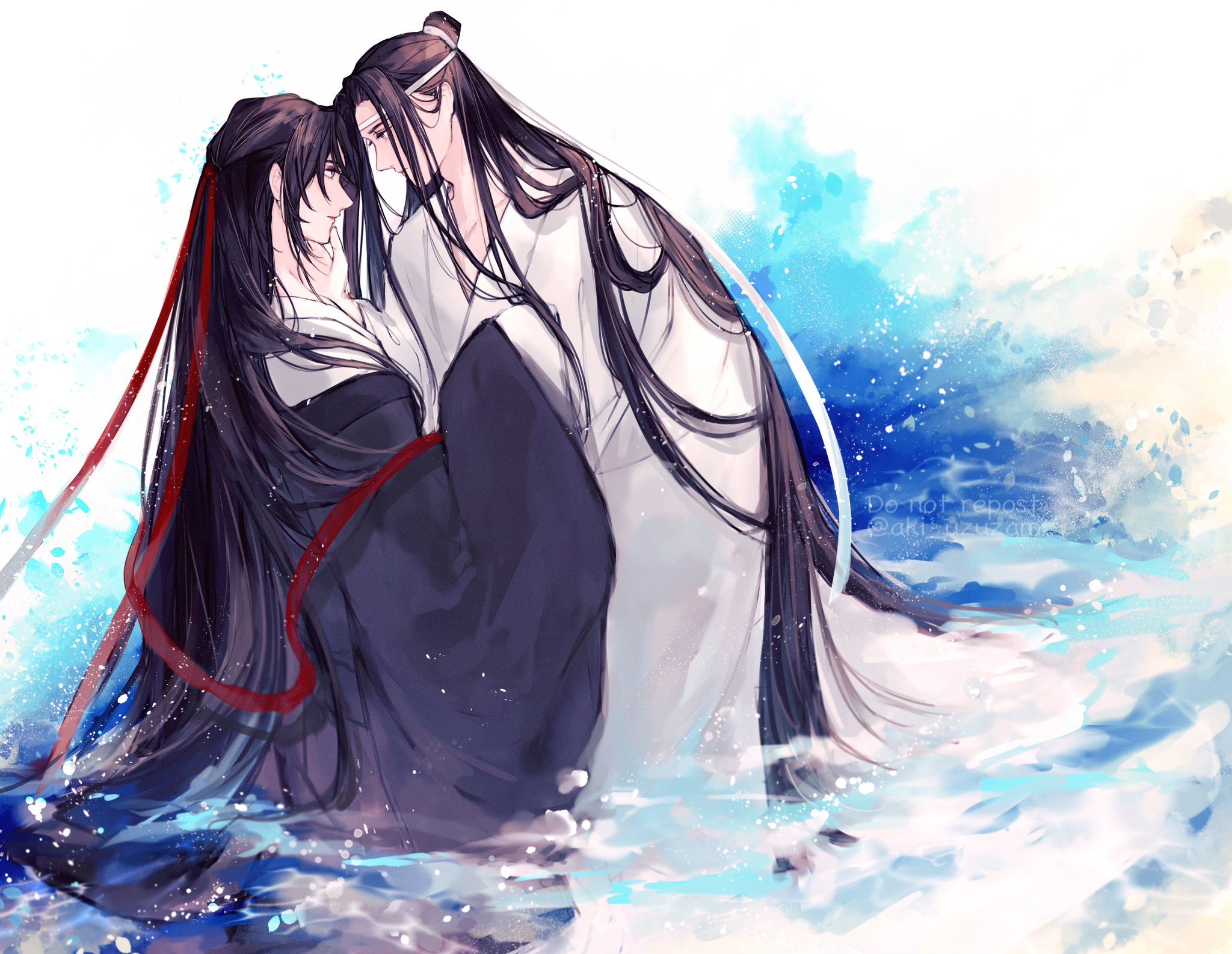 lan wangji, wei wuxian, wei wuxian (yiling laozu), modao zushi, commentary request, highres, 2boys, aki uzuzame, bishounen, black hair, black hanfu, chinese clothes, closed eyes, closed mouth, couple, eye contact, face-to-face, from side, hair down, hair ribbon, half updo, hand on another's chin, hand on another's face, hanfu, headband, light particles, long hair, long sleeves, looking at another, male focus, multiple boys, off shoulder, official alternate hairstyle, ponytail, profile, red ribbon, ribbon, robe, sidelocks, sitting, sleeves past wrists, smile, topknot, twitter username, very long hair, wading, water, watermark, white hanfu, white headband, wide sleeves, xiao guan (headdress), yaoi