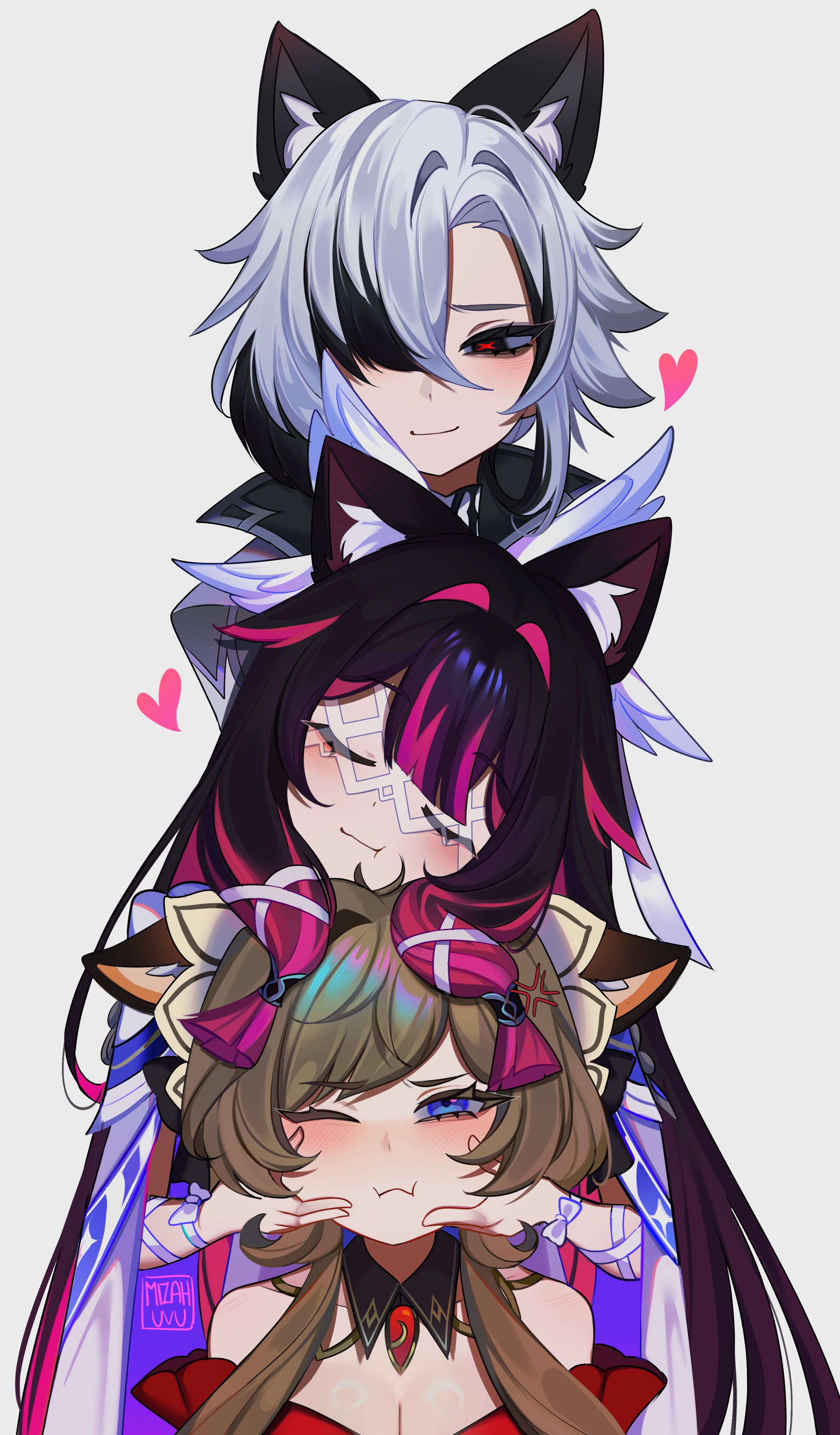 mizah (mizah), arlecchino (genshin impact), columbina (genshin impact), sandrone (genshin impact), genshin impact, absurdres, commentary, english commentary, highres, 3girls, :t, animal ear fluff, animal ears, black hair, black streaks, blue eyes, blush, brown hair, cat ears, closed mouth, hair over one eye, hands on another's cheeks, hands on another's face, kemonomimi mode, long hair, multicolored hair, multiple girls, one eye closed, purple hair, red pupils, simple background, smile, streaked hair, very long hair, white background, white hair