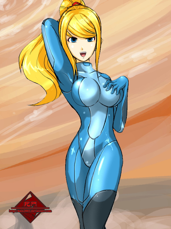 kein2002, samus aran, metroid, nintendo, 1girl, :d, artist name, blonde hair, blue eyes, blue suit, bodysuit, breasts, cleavage, female focus, formal clothes, hand on own chest, latex, open mouth, ponytail, smile, solo, suit, zero suit