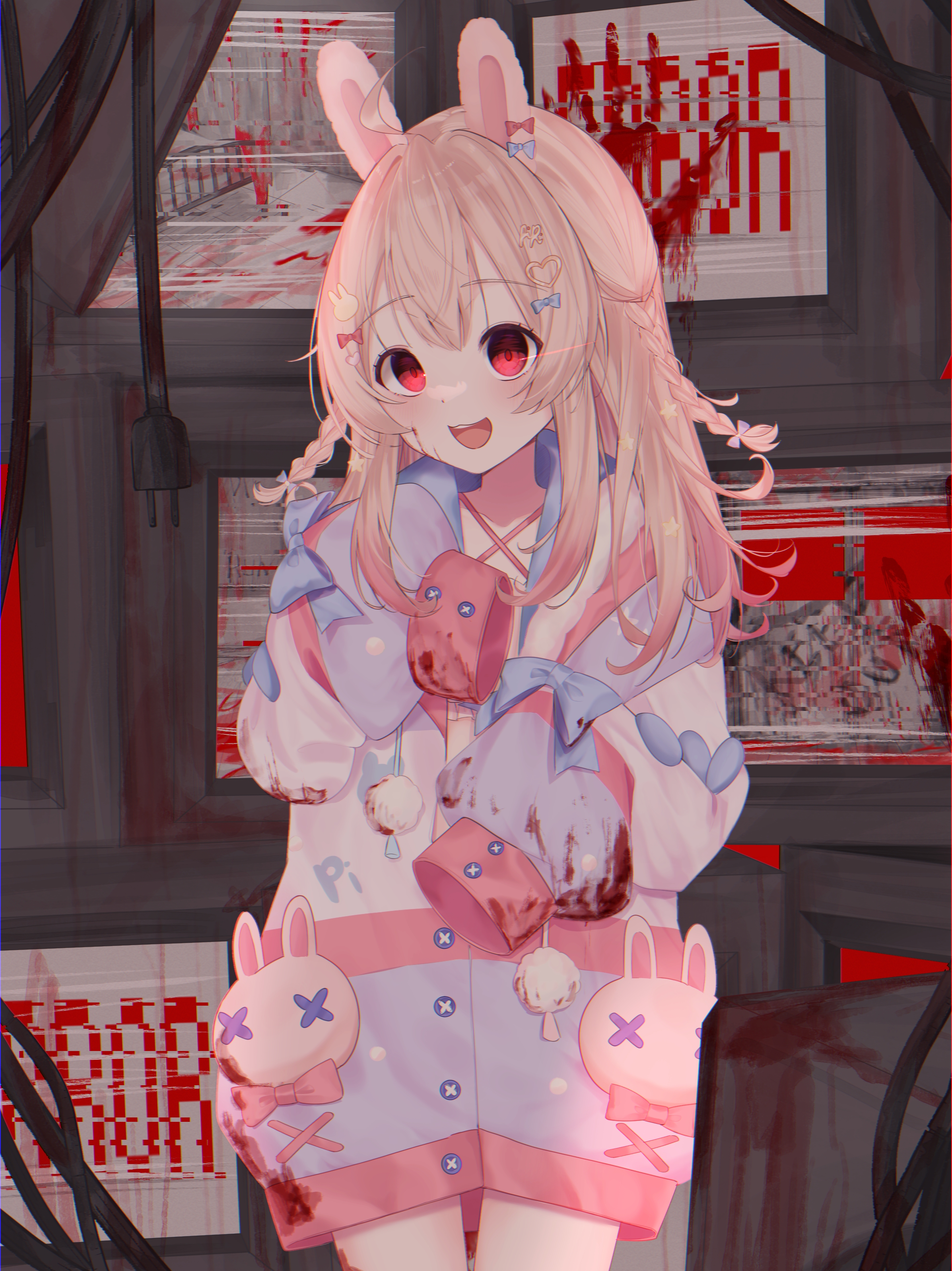 aei jiei, pipkin pippa, pipkin pippa (1st costume), phase connect, absurdres, commentary, commission, highres, pixiv commission, 1girl, :d, ahoge, animal ears, blood, blue bow, blush, bow, coat, hair bow, hair ornament, heart, heart hair ornament, long hair, looking at viewer, multicolored coat, open mouth, pink hair, rabbit ears, rabbit girl, rabbit hair ornament, red bow, red eyes, sleeves past fingers, sleeves past wrists, smile, solo, tank top, tongue, virtual youtuber