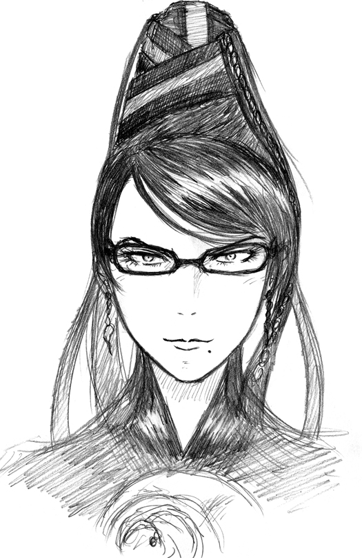 ginga (real luck zero), bayonetta, bayonetta (series), ginga, black hair, earrings, glasses, jewelry, long hair, mole, sketch