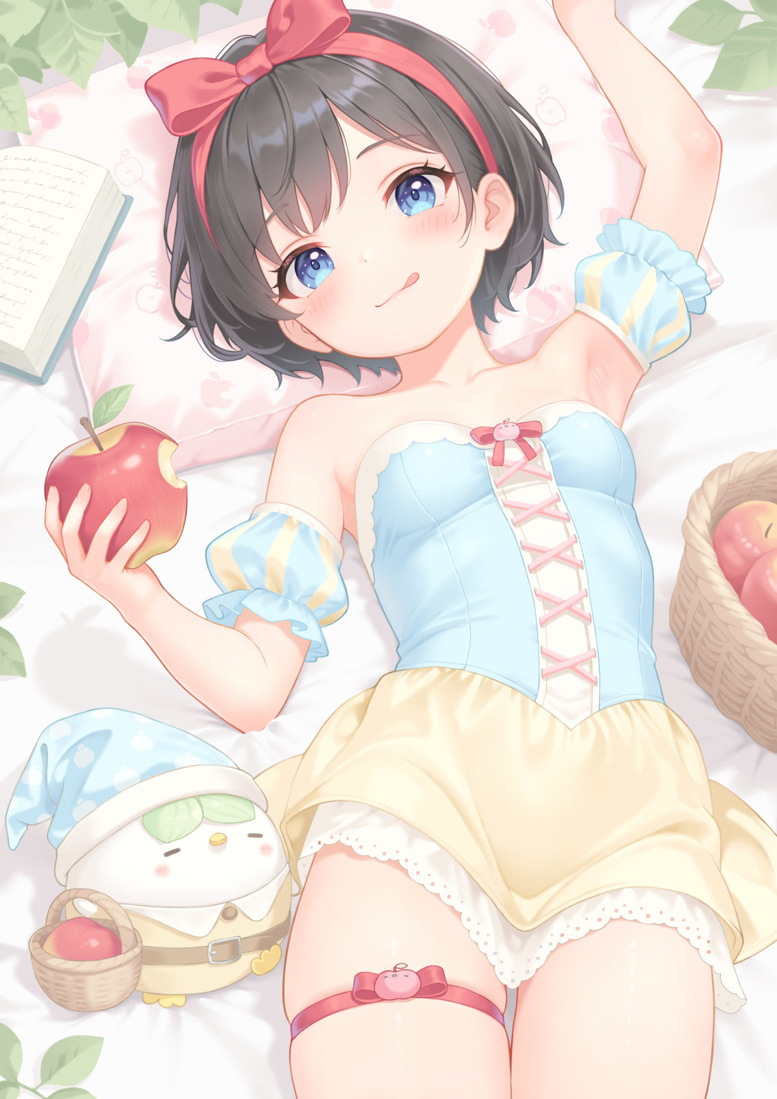 rebun, original, commentary request, highres, 1girl, apple, arm up, armband, armpits, blue shirt, blush, bow, bow hairband, breasts, closed mouth, cowboy shot, creature, food, food bite, fruit, hairband, head on pillow, holding, holding food, holding fruit, licking lips, looking at viewer, lying, miniskirt, on back, parted bangs, pillow, red bow, red hairband, shirt, short hair, skirt, small breasts, solo, striped armband, striped clothes, thigh strap, tongue, tongue out, very short hair, yellow skirt