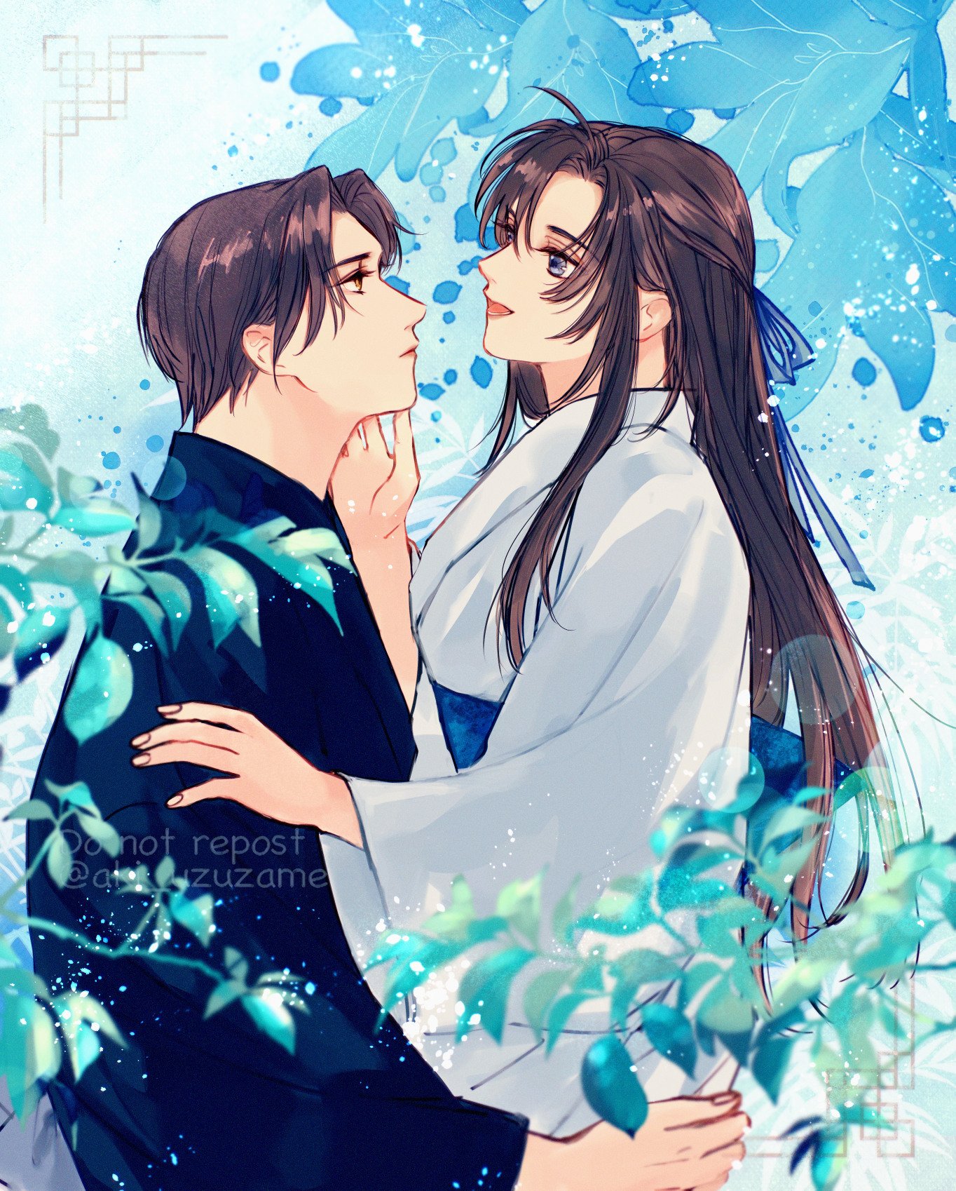 lan wangji, wei wuxian, wei wuxian (yiling laozu), modao zushi, commentary request, highres, 2boys, :d, ahoge, aki uzuzame, alternate costume, alternate hair length, alternate hairstyle, androgynous, black hair, blue kimono, blue ribbon, blue sash, blurry, bokeh, brown hair, carrying, carrying person, closed mouth, couple, depth of field, eye contact, flower, from side, girly boy, grey eyes, hair down, hair ribbon, half updo, hand on another's chin, hug, japanese clothes, kimono, leaf, light particles, long hair, long sleeves, looking at another, male focus, multiple boys, official alternate hairstyle, open mouth, parted bangs, ribbon, sash, short hair, sidelocks, smile, twitter username, upper body, watermark, white kimono, wide sleeves, yaoi, yellow eyes, yukata