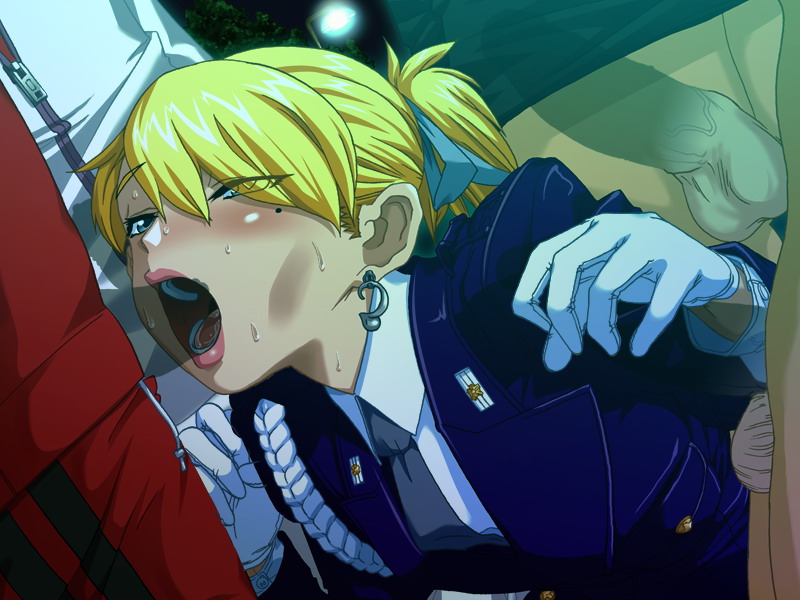 fuwa daisuke, shiomi madoka, perfect hole, game cg, 1girl, :>=, blonde hair, blue eyes, blush, earrings, eyes visible through hair, fellatio, gangbang, gloved handjob, gloves, group sex, handjob, invisible penis, jewelry, lipstick, makeup, mole, mole under eye, necktie, oral, outdoors, penis, police, police uniform, solo focus, sweat, white gloves