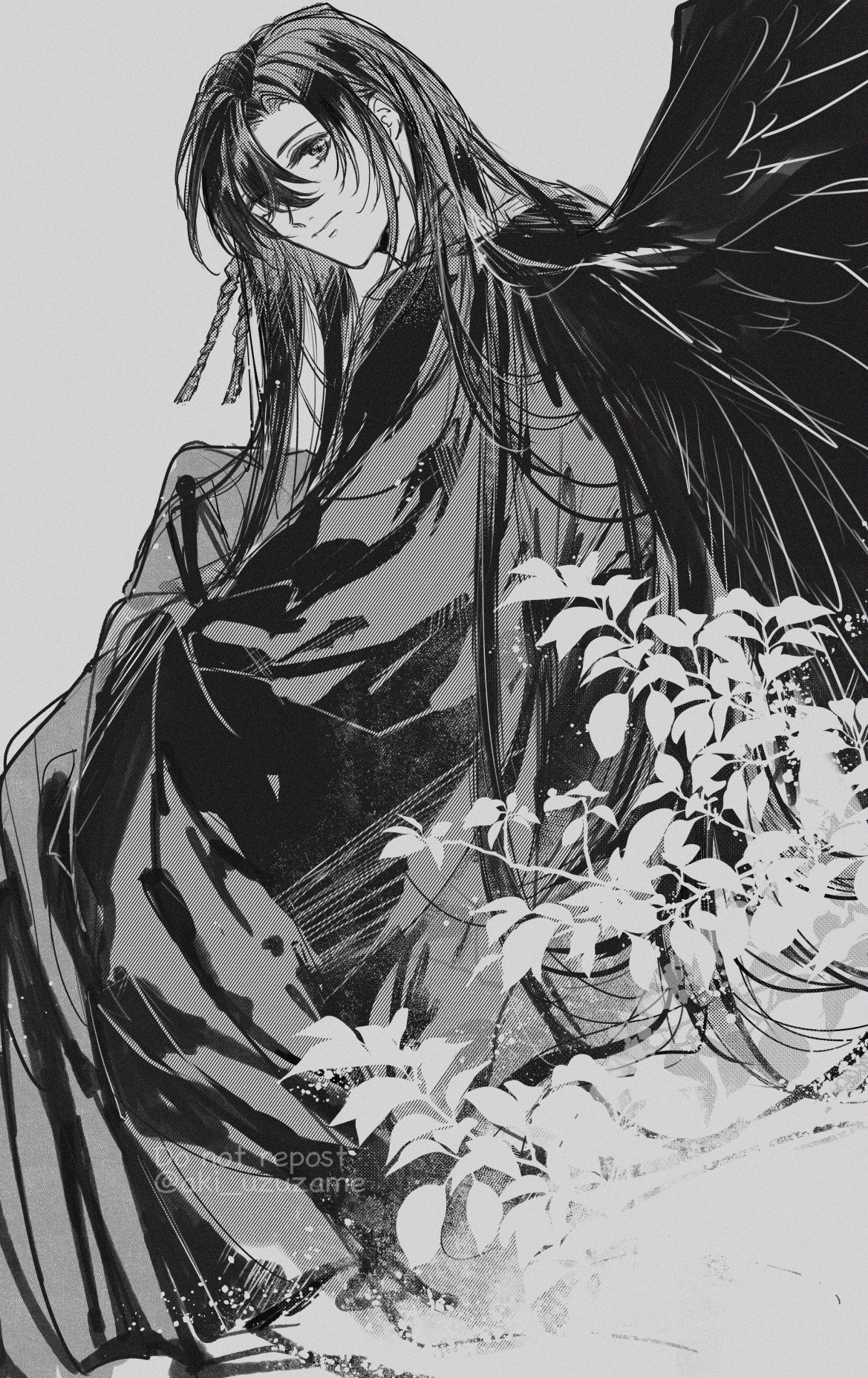 wei wuxian, wei wuxian (yiling laozu), modao zushi, commentary, highres, symbol-only commentary, 1boy, aki uzuzame, bishounen, black hair, black wings, chinese clothes, closed mouth, feathered wings, flower, grey background, greyscale, hair between eyes, hair ornament, hair ribbon, half updo, hanfu, leaf, light particles, long hair, long sleeves, looking at viewer, looking back, male focus, monochrome, monsterification, official alternate hairstyle, ribbon, robe, sidelocks, simple background, sitting, solo, tassel, tassel hair ornament, tengu, twitter username, watermark, wide sleeves, wings