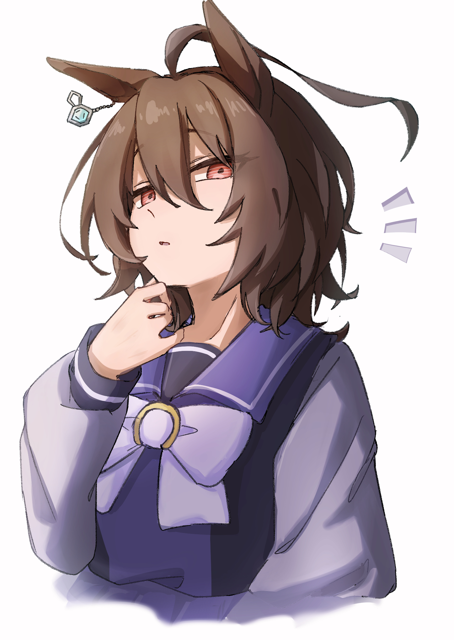 3znk, agnes tachyon (umamusume), umamusume, commentary request, highres, 1girl, ahoge, bow, bowtie, brown hair, chemical structure, ear ornament, earrings, hair between eyes, hand on own chin, hand up, huge ahoge, jewelry, notice lines, parted lips, purple sailor collar, purple shirt, red eyes, sailor collar, school uniform, shirt, short hair, simple background, single earring, solo, tracen school uniform, white background, white bow, white bowtie