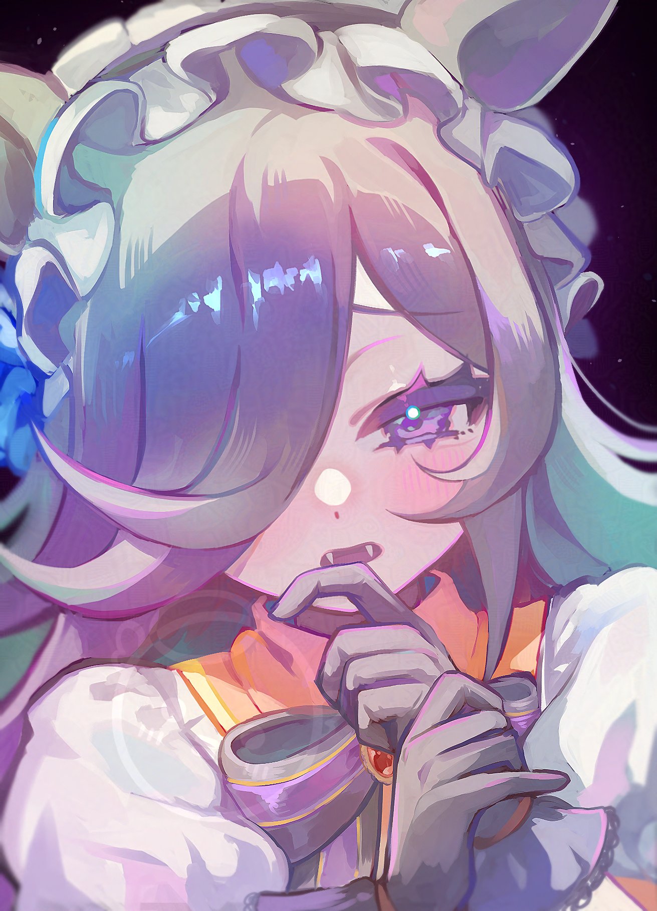 tehnyo, rice shower (umamusume), rice shower (vampire makeover!) (umamusume), umamusume, commentary, english commentary, highres, 1girl, animal ears, black bow, black gloves, blush, bow, brown hair, fangs, flipped hair, frilled hairband, frills, gloves, hair over one eye, hairband, halloween, halloween costume, horse ears, horse girl, long hair, looking at viewer, official alternate costume, open mouth, puffy short sleeves, puffy sleeves, purple eyes, shirt, short sleeves, solo, upper body, white shirt