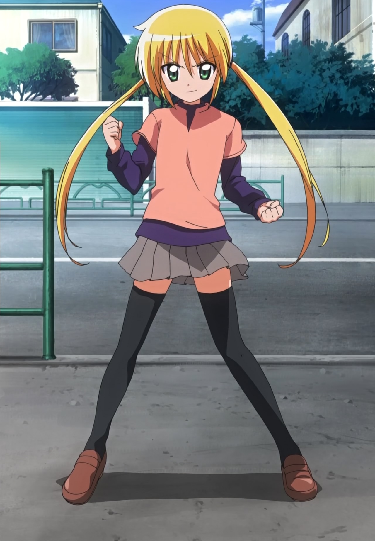 sanzen'in nagi, hayate no gotoku!, anime screenshot, highres, stitched, third-party edit, 00s, 1girl, blonde hair, closed mouth, flat chest, green eyes, grey skirt, legs, looking at viewer, purple shirt, shirt, skirt, smile, solo, thighhighs, twintails, zettai ryouiki