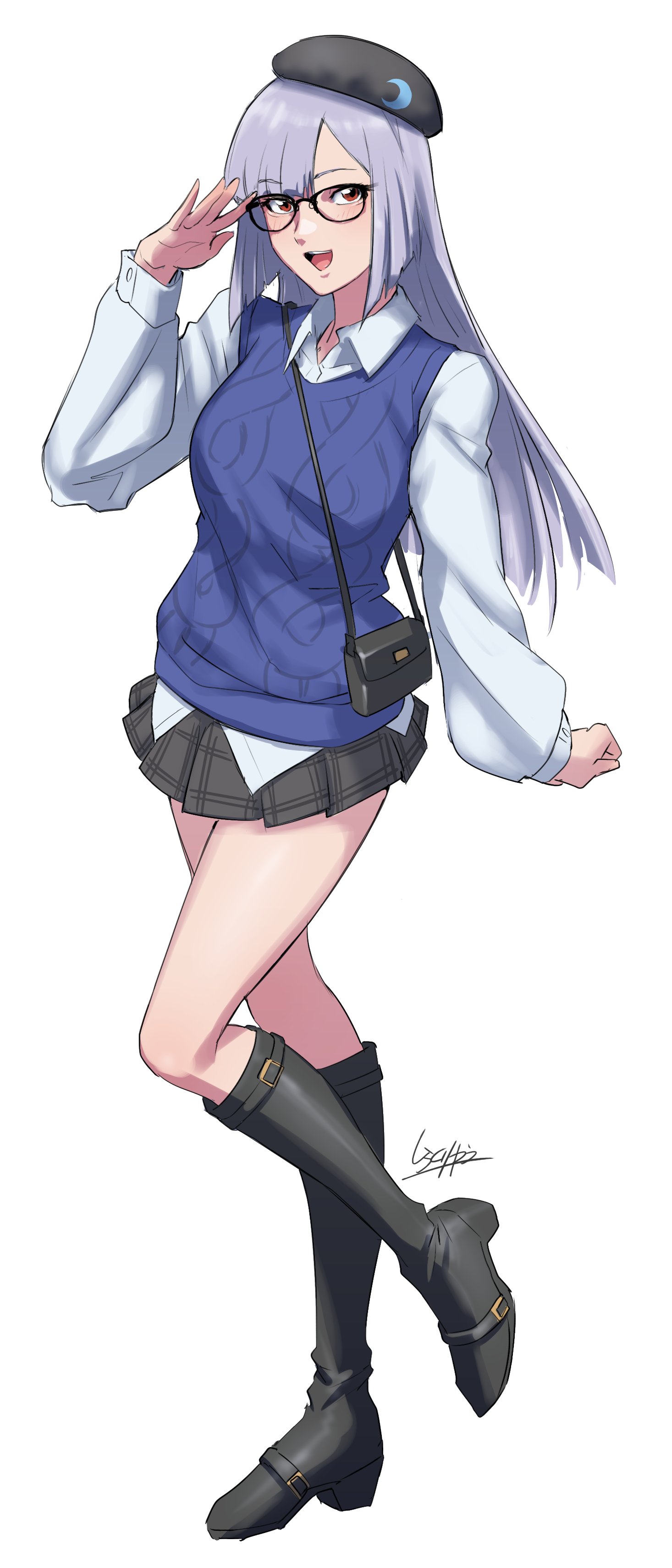 siratori (yy 203), roux louka, gundam, gundam zz, absurdres, highres, 1girl, alternate costume, beret, black boots, boots, crescent, full body, glasses, hat, long hair, long sleeves, miniskirt, purple hair, skirt, solo, teeth, upper teeth only, white background