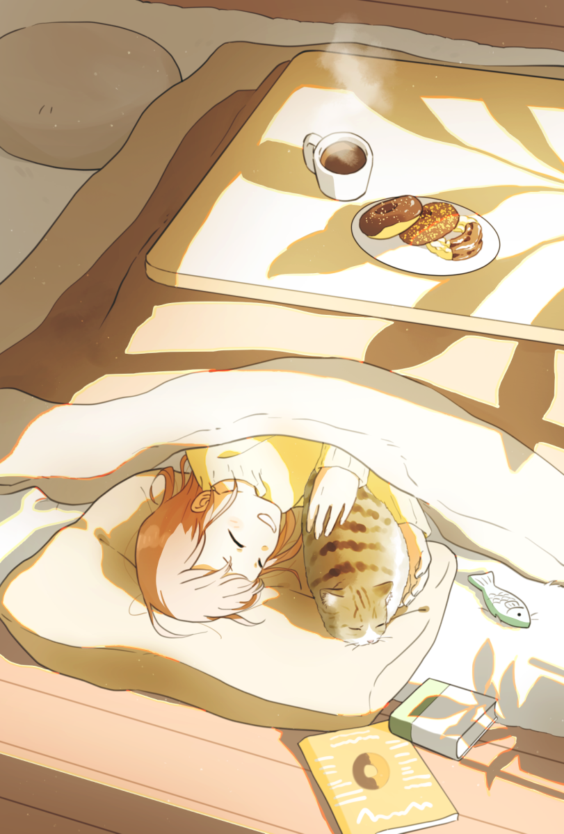 matsumine (twin-mix), original, commentary request, highres, 1girl, animal, book, cat, coffee, coffee mug, cup, donut, food, head on pillow, indoors, kotatsu, long sleeves, lying, mug, on side, pet, pillow, pink hair, plate, shadow, short hair, sleeping, sleeping animal, slice of life, solo, steam, steaming cup, sweater, table, under kotatsu, under table, yellow sweater