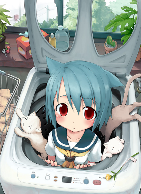 aikei ake, ake, original, > <, 1girl, :3, animal ears, blue hair, blush, cat, cat ears, closed eyes, female focus, flower, in container, red eyes, school uniform, serafuku, short hair, solo, too many, too many cats, top-load washing machine, washing machine, x3