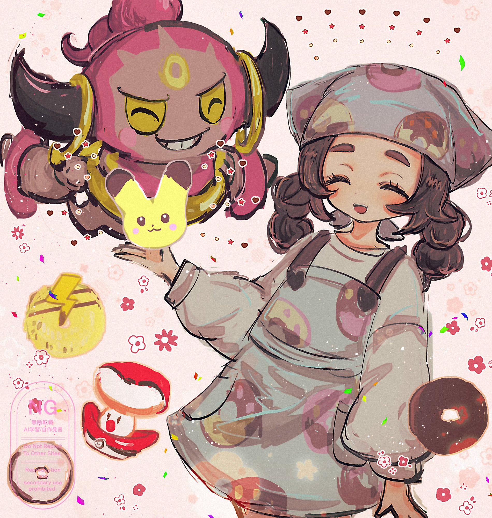 horimhkw11, amoonguss, ansha (pokemon), hoopa, hoopa (confined), pikachu, nintendo, pokemon, pokemon legends: z-a, commentary request, highres, 1girl, apron, black hair, blush, character-themed food, closed eyes, colored sclera, donut, flower, food, gen 1 pokemon, gen 5 pokemon, gen 6 pokemon, headscarf, horns, legendary pokemon, long hair, long sleeves, mythical pokemon, open mouth, pokemon (creature), shirt, smile, teeth, white shirt, yellow sclera