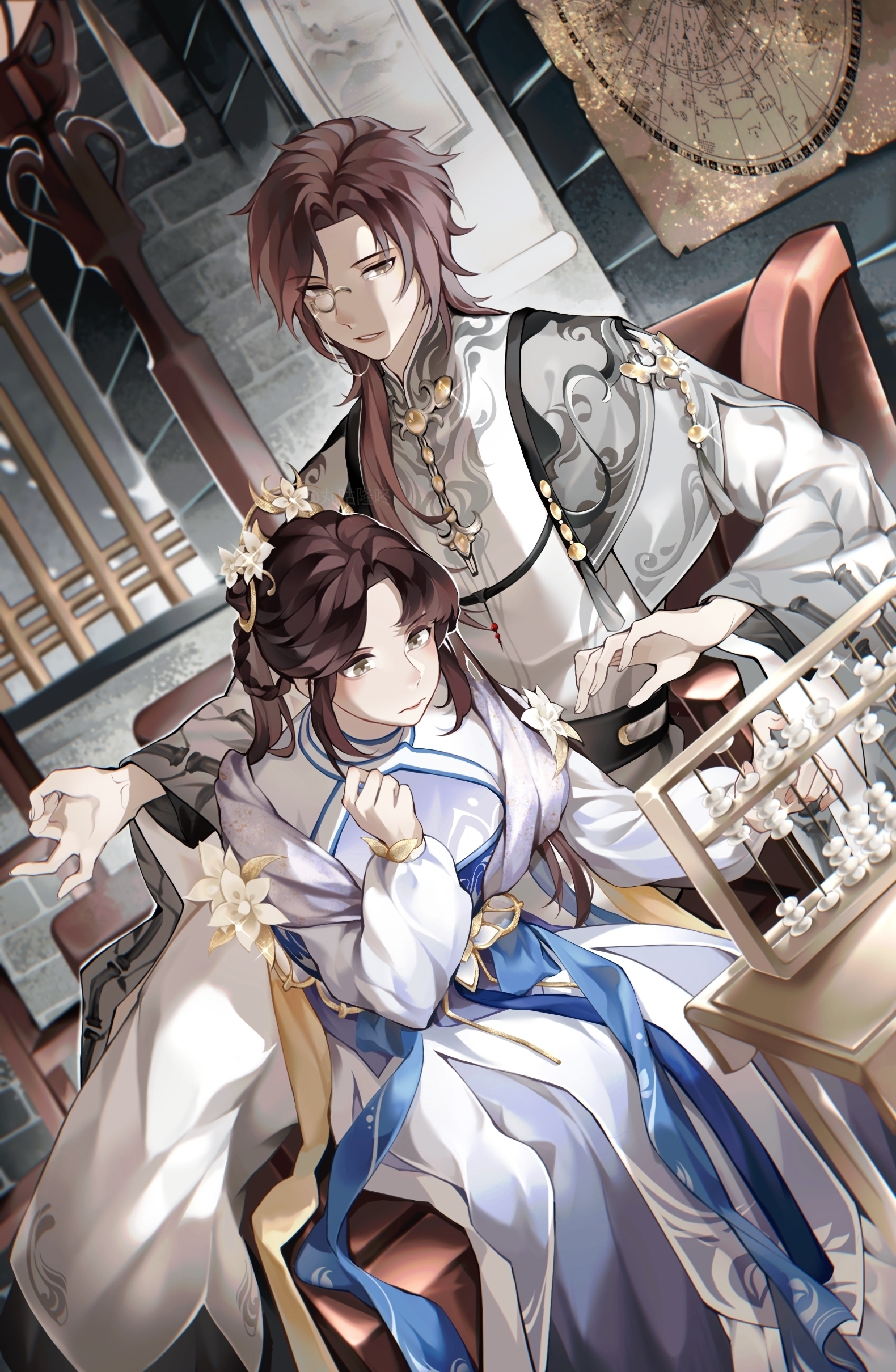 wangulongdong, hua yi shanxin zhiyue, absurdres, chinese commentary, commentary request, highres, 1boy, 1girl, abacus, architecture, armchair, black sash, blue sash, braid, braided hair rings, brick wall, brown eyes, brown hair, capelet, chair, chinese clothes, closed mouth, curtained hair, dress, east asian architecture, feet out of frame, flower, flower ornament, gem, grey capelet, hair flower, hair ornament, hair over shoulder, hair rings, hand up, hanfu, hanging scroll, long hair, long sleeves, looking at object, looking to the side, map (object), math, medium hair, money gesture, official alternate costume, parted bangs, parted lips, purple dress, purple hanfu, purple shawl, robe, sash, scroll, shawl, sitting, star map, swept bangs, table, the princess (hua yi shanxin zhiyue), twintails, two-tone dress, waist sash, wavy mouth, wen siyu, white dress, white flower, white hanfu, white robe, wide sleeves, window, yellow eyes, yellow gemstone